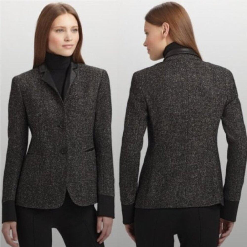 AKRIS Punto Blazer Jacket Wool Tweed Faux Leather Trim Knit Combo, 10